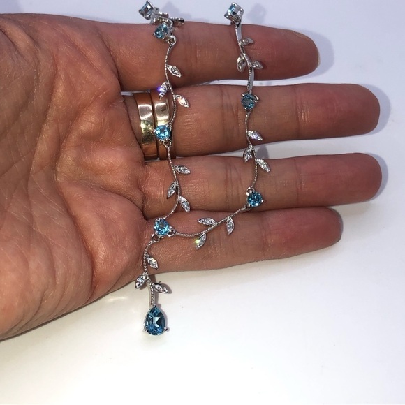 STERLING Blue Topaz & CZ Fancy Leaves Vines Necklace w Drop Pendant 16” + 1” - Picture 8 of 10